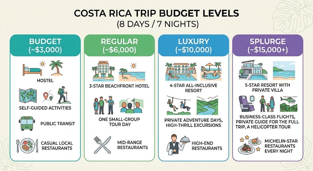 Costa Rica trip budget levels for 8 days and 7 nights: Budget about $3,000, Regular about $6,000, Luxury about $10,000, and Splurge $15,000 and up, each with its hotels, activities, and restaurants.